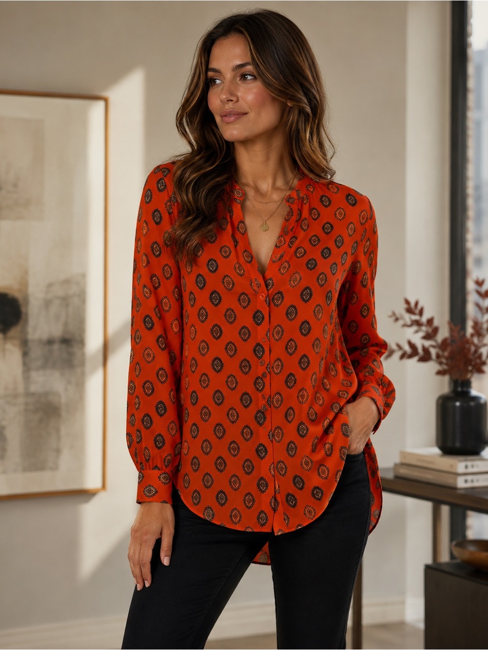 J.Crew Orange Red Stunning Medallion Print Blouse Long Sleeve Size S